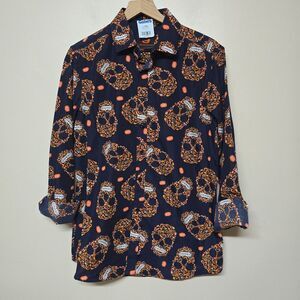 Simon Banks Blue and Orange Pumpkin Skull Print Mens Button Down Medium NWT